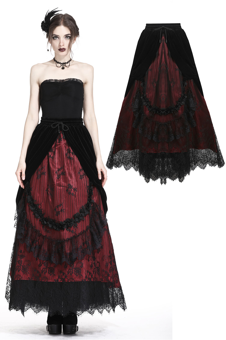 Falda Maxi Gótica de Terciopelo y Encaje Rojo con Negro - KW133