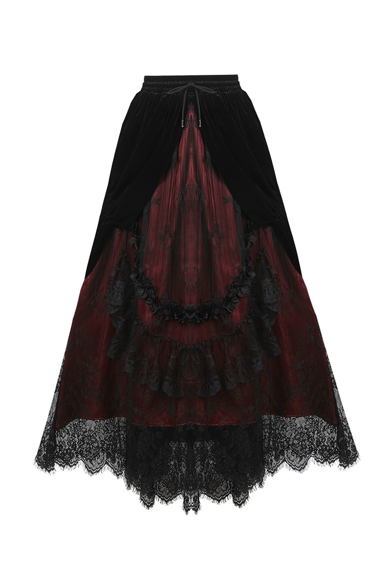 Falda Maxi Gótica de Terciopelo y Encaje Rojo con Negro - KW133 - Imagen 2