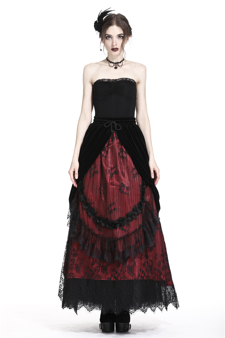 Falda Maxi Gótica de Terciopelo y Encaje Rojo con Negro - KW133 - Imagen 4