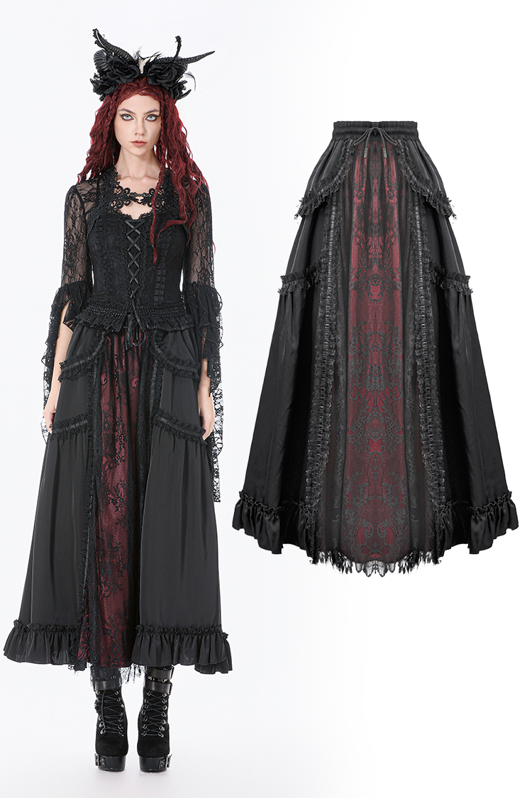 Falda Maxi Cortesana de Encaje Carmesí y Negro - KW429RD