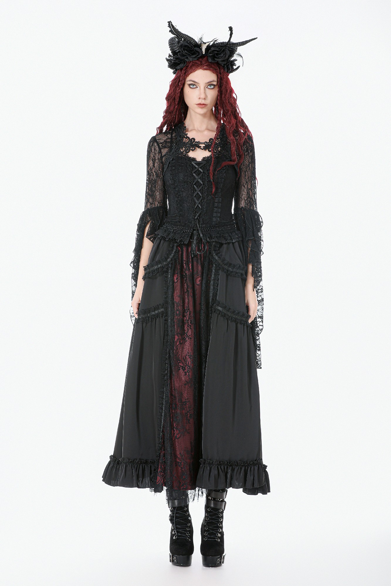Falda Maxi Cortesana de Encaje Carmesí y Negro - KW429RD - Imagen 4